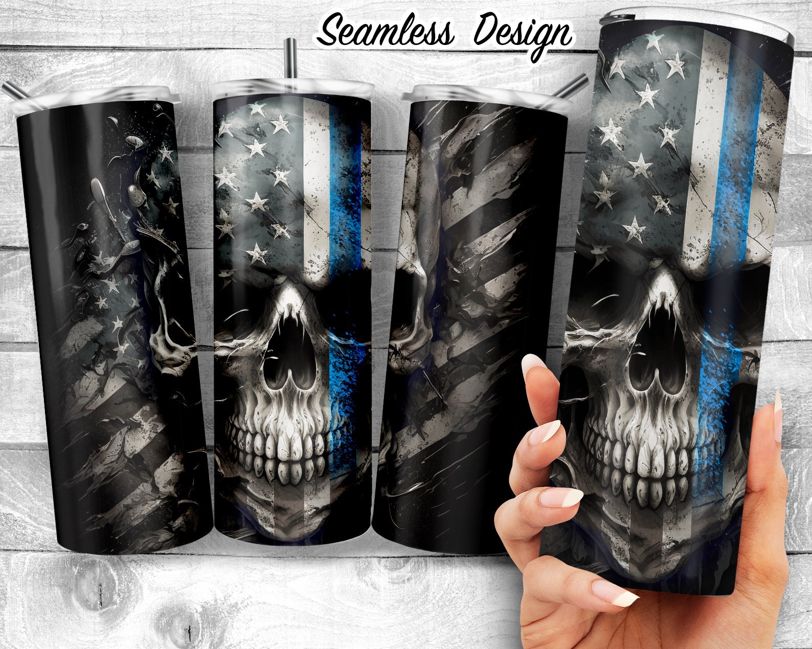 Thin blue Line Patriotic skull 20oz Skinny Tumbler Design | Police Blue skull Design Tumbler Wrap | military skull flag Sublimation Wrap