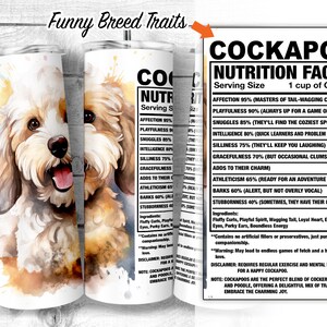 May include: A watercolor illustration of a Cockapoo dog with a nutrition facts label listing the breed's traits. The label includes traits like affection, playfulness, snuggles, intelligence, silliness, gracefulness, athleticism, barks, and stubbornness. The label also includes a disclaimer that Cockapoos require regular exercise and mental stimulation for a happy Cockapoo.