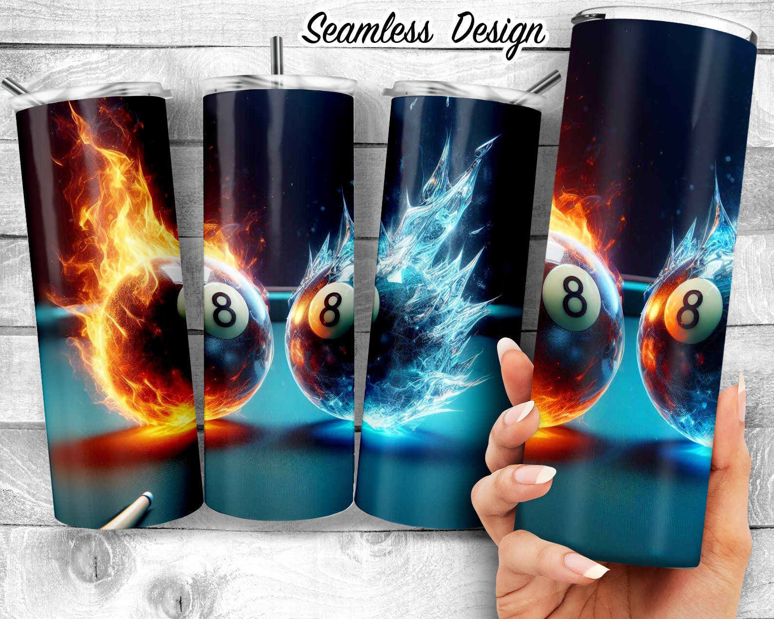 Flaming and Frozen Eight Billiards Balls 20oz Skinny Tumbler