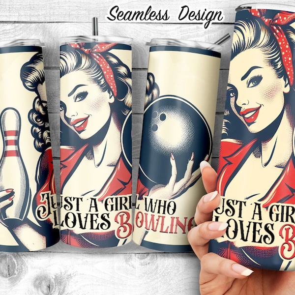 Retro Girl with Bowling Ball and Pin 20oz Skinny Tumbler Sublimation Design, Vintage girl Just a Girl who loves Bowling png,Digital Download