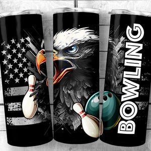 May include: A black and white tumbler with a bald eagle, bowling pins, and a bowling ball. The tumbler has the word "BOWLING" written on it.
