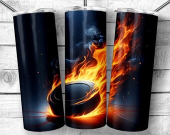 Flaming hockey Puck 20 oz Skinny Tumbler Sublimation Design, Hockey Puck flames Template, 3D Hockey seamless 20oz wrap Digital Download