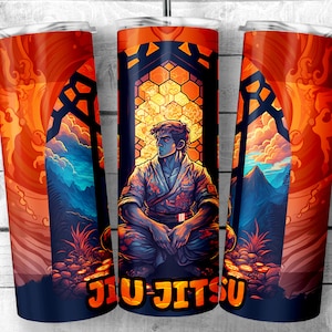 Jiu Jitsu competitor meditation 20 oz Skinny Tumbler Sublimation, Brazilian Jiu Jitsu volcano PNG, Bjj black belt monkey, Digital Download
