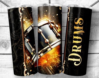 Black, Gold, and Silver Band Drum 20oz Skinny Tumbler Sublimation Design, Luxury Band Drum Design Template, Drum Lover, Digital Download