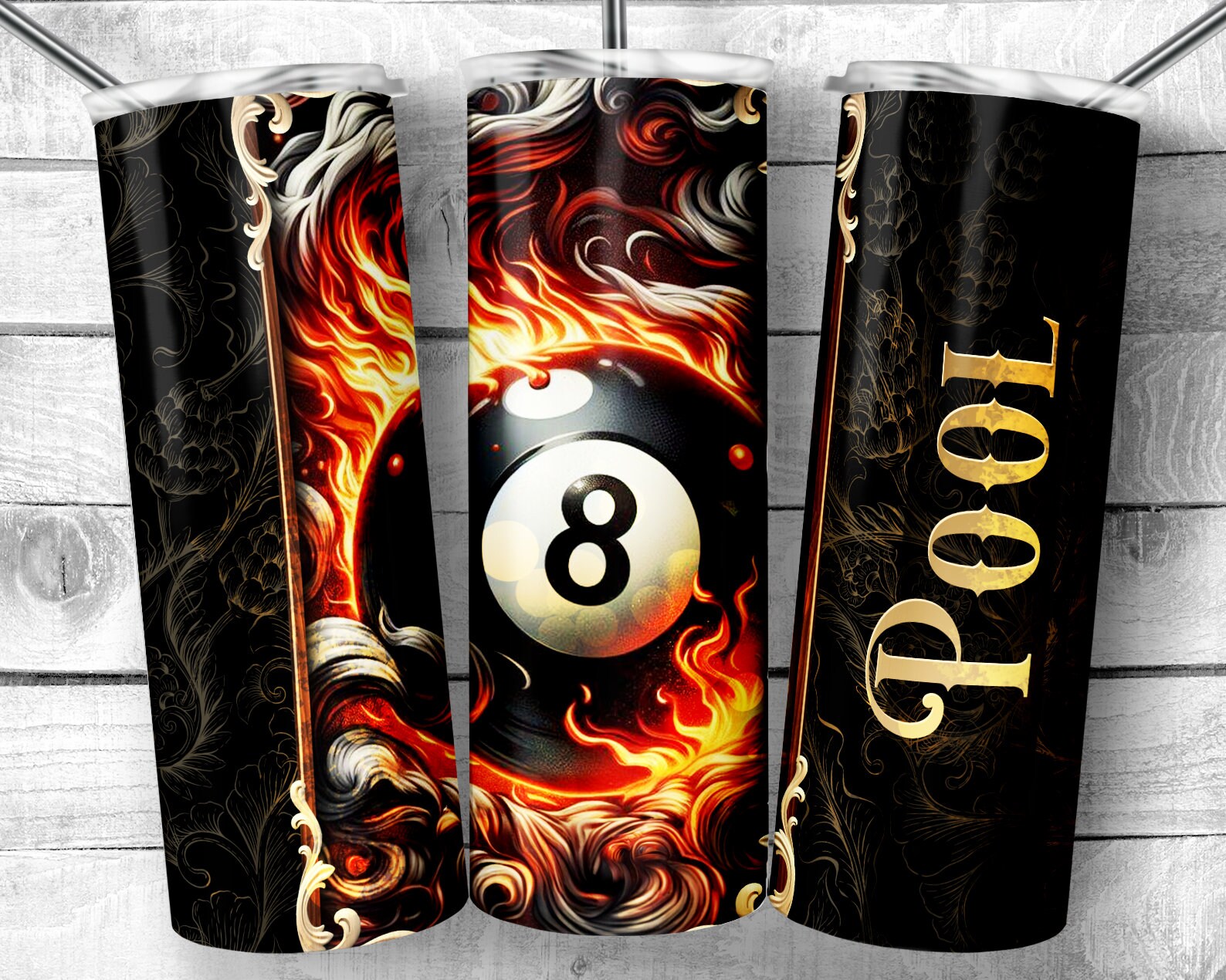 Flaming Eight Pool Ball 20oz Skinny Tumbler Sublimation Design
