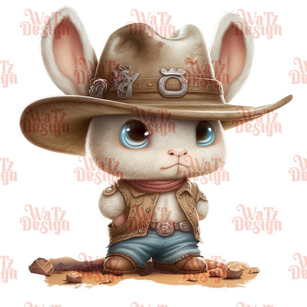 cute bunny with cowboy hat Png, western themed rabbit Sublimation Design, western art cartoon big eye bunny illustration, Digital Download