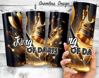 King of Darts 20 Unze Skinny Tumbler Sublimationsdesign, Schwarz und Gold Guy Dartboard Design Vorlage, Darts Liebhaber - Digital Download