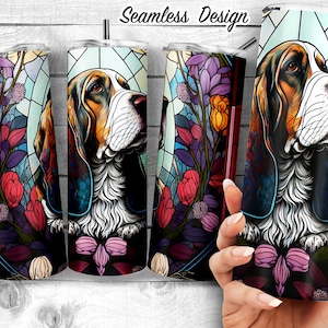 Basset Hound stained glass 20oz Skinny Tumbler Design, Hound Dog ornate stain glass art, Bassie Houndie Sublimation Wrap, Digital Download