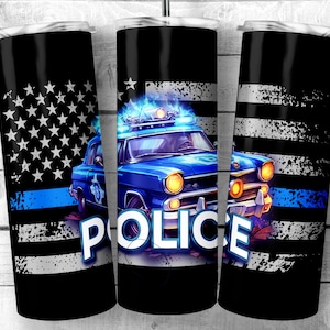 Police Car 20oz Skinny and Tapered Tumbler, Thin Blue Line Police Vehicle Design Tumbler Wrap | Police officer gift, digital download