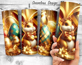 Plaid Easter Bunny and Ribbon 20oz Skinny Tumbler Sublimation Design - luxury Bunny Rabbit with Sparkle PNG, Floral Rabbit, Digital Download