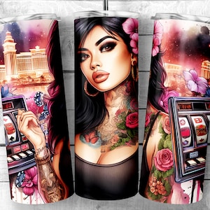 Casino Girl con flujos Diseño de sublimación de vaso flaco de 20 oz, Pretty Girl casino png, Envoltura de vaso amante del casino, Descarga digital