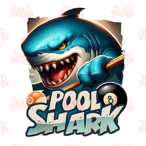 Requin de piscine billard Png, requin tenant une queue de billard Sublimation Design, requin de dessin animé avec 8 boules Png, amour de billard PNG, téléchargement numérique