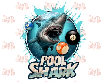 May include: A blue and white graphic design featuring a shark with an open mouth and a pool ball in its teeth. The shark is surrounded by pool balls and the text "POOL SHARK" is written in a vintage style font.