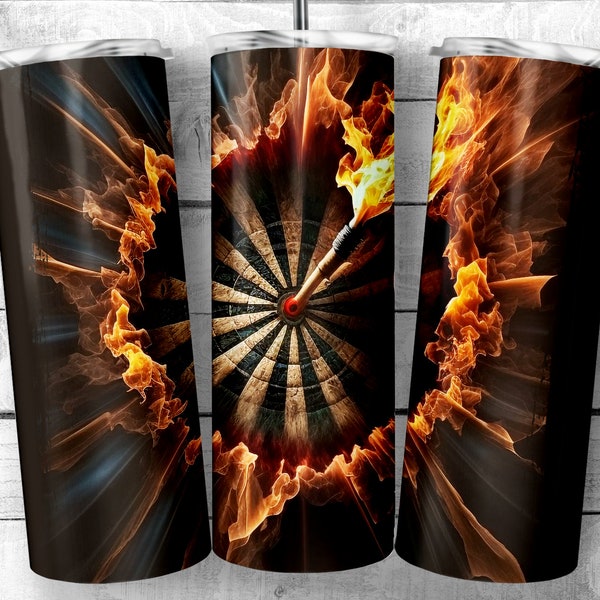 Flaming Dart Board 20 oz Skinny Tumbler Sublimation Design, Fiery Dartboard Design Template, darts lover seamless 20oz wrap Digital Download