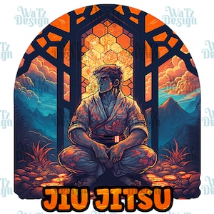 Jiu Jitsu competitor meditation Png, Brazilian Jiu Jitsu volcano stained glass, Bjj black belt with floral gi art, Digital Download