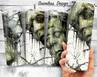 Halloween Frankenstein monster in chains 20oz Skinny Tumbler Design, Morbid Green Monster Template, Green creature PNG, Digital Download