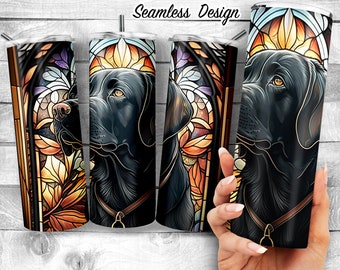 Black Lab Ornate Stained Glass Tumbler - Black Labrador Lover Gift, 20oz Skinny Tumbler Design, onyx lab Sublimation Wrap, Digital Download