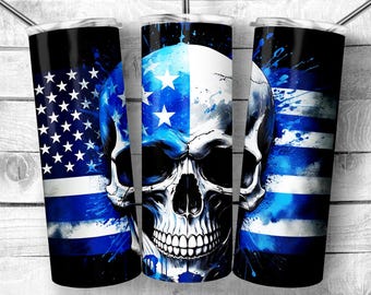 Police flag Patriotic skull 20oz Skinny Tumbler Design | american Flag on a skull Design Tumbler Wrap | officer skull flag Sublimation Wrap