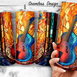 May include: A seamless design featuring a stained glass style violin with blue, red, orange, and yellow colors. The design is perfect for a tumbler or other drinkware.