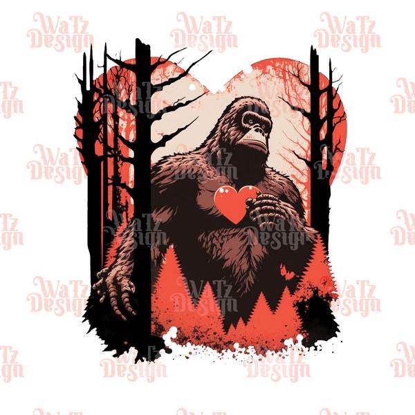 Bigfoot valentine PNG, Sasquatch holding a heart Sublimation Design, I heart bigfoot Sublimation PNG,  classic monster Digital Download