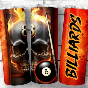 Flammender Schädel acht Kugel Billard 20 oz Skinny Tumbler Sublimation Design, Skeleton on fire mit Billardtisch PNG wrap, digitaler Download