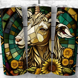 faux Stained Glass sunflower Goat 20 oz Skinny Tumbler, cartoon Goat Design, Billy goat with flowers Sublimation Wrap, Digital Download
