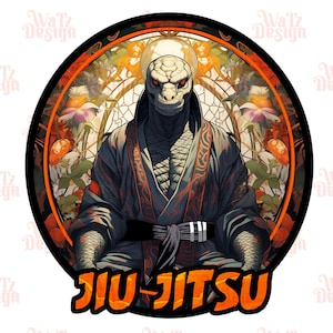 May include: A black and orange illustration of a reptilian creature wearing a black gi and a red and black belt. The creature is sitting in a meditative pose with the text "JIU-JITSU" in orange letters below. The background is a circular stained glass design with floral patterns.
