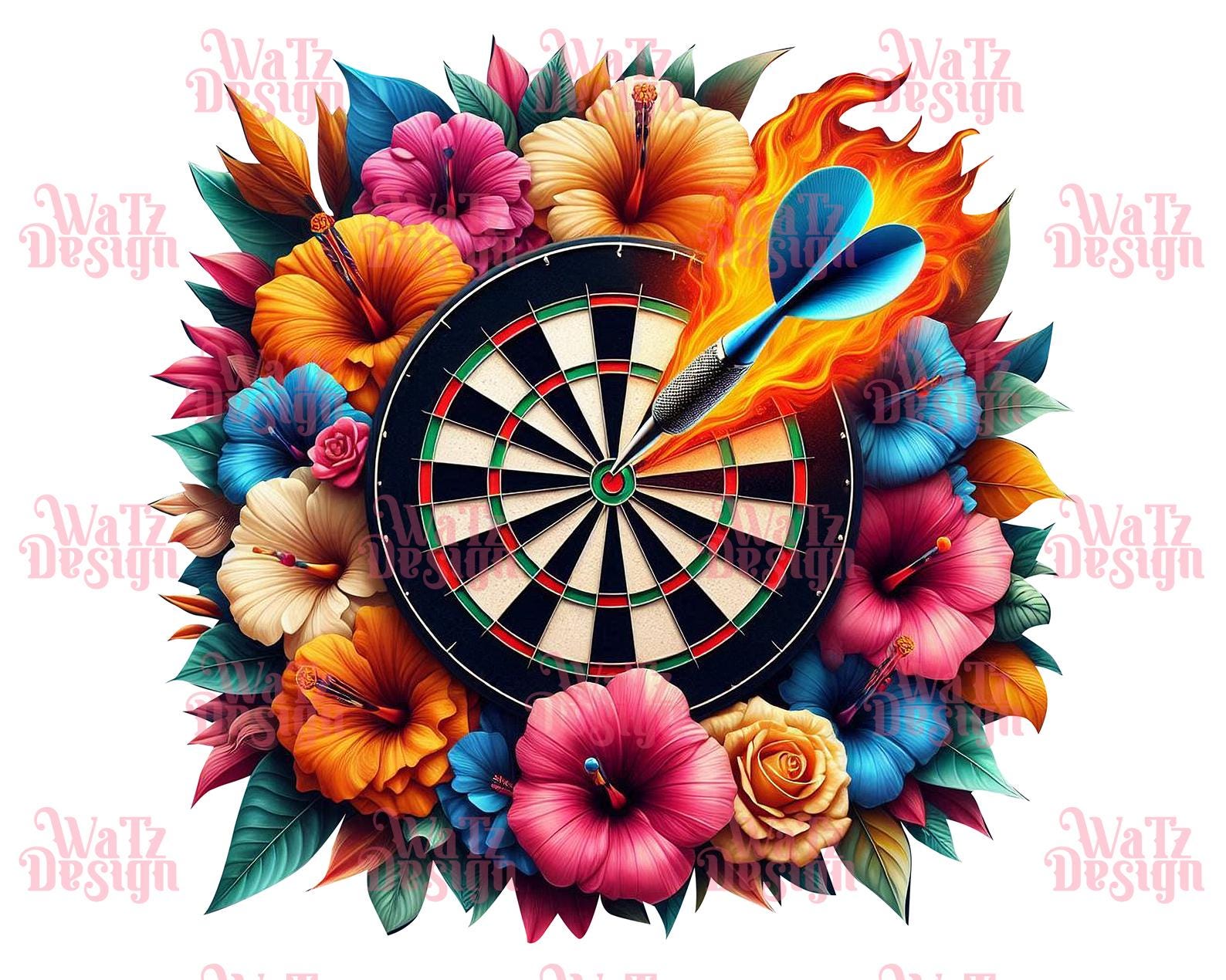 Flaming Dartboard With Tropical Blooms PNG, Vibrant Dart