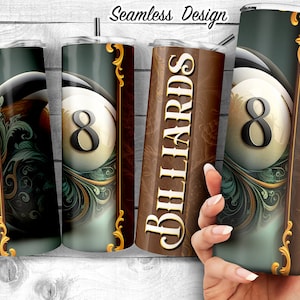 Vintage 8 ball 20 oz Skinny Tumbler Sublimation Design, Billiards Classic Template, 3D retro snooker seamless 20oz wrap Digital Download