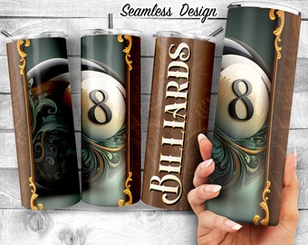 Vintage 8 ball 20 oz Skinny Tumbler Sublimation Design, Billiards Classic Template, 3D retro snooker seamless 20oz wrap Digital Download