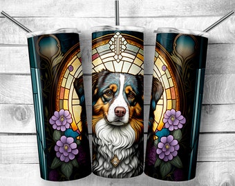 Austrailian Shepherd Stained Glass 20oz Skinny Tumbler Design, Blue Heeler Ornate Stain Glass, Dog Gift, Sublimation Wrap, Digital Download