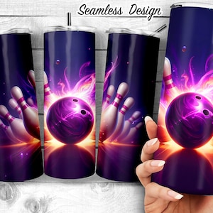 Purple flaming bowling ball 20 oz Skinny Tumbler Sublimation Design, Bowling Ball on Fire Template, Seamless 20oz Wrap Digital Download