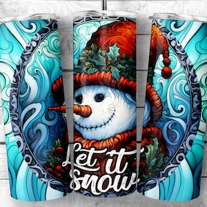 Faux Stained Glass Snowman 20oz Skinny Tumbler | Peppermint Snowman Sublimation Design | Let It Snow Frosty the Snowman Digital Download