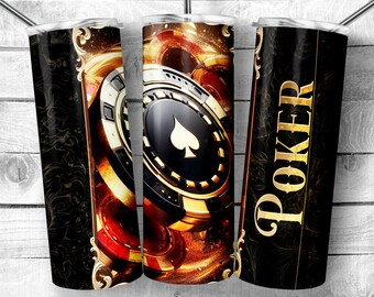 Gold Black and Red Poker Chips 20oz Skinny Tumbler Sublimation Design, Luxury Poker Design Template, Card lover, Casino PNG,Digital Download