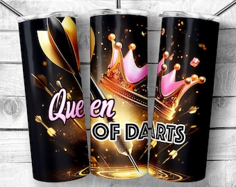 Queen of Darts 20 oz Skinny Becher Sublimation Design, Schwarz und Gold Mädchen Dartscheibe Design Vorlage, Darts Liebhaber - Digital Download