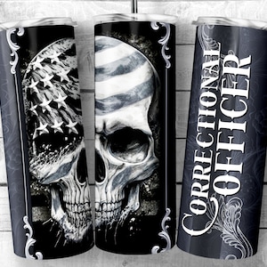 Correctional Officer flag Patriotic skull 20oz Skinny Tumbler Design | american Flag on a skull Design Tumbler Wrap | Digital Download