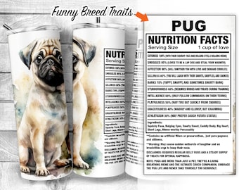 Diseño de vaso flaco Pug 20oz, hechos de perro Pug, rasgos de perro Pug, vaso de ingrediente de perro Pug, regalo de perro, envoltura de sublimación de perro, descarga digital