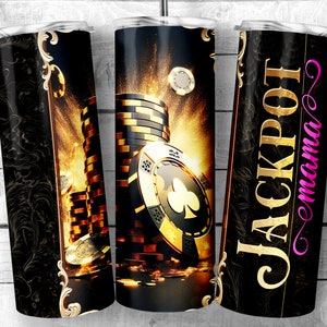 Jackpot Mama Gold and Black Poker Chips 20oz Skinny Tumbler Sublimation Design, Luxury Poker Design Template, Casino PNG, Digital Download