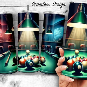 May include: A seamless design featuring a pool table with green felt and a set of billiard balls, including the 8-ball. The scene is set in a dimly lit bar with a neon sign that reads "Sunshine Bull".