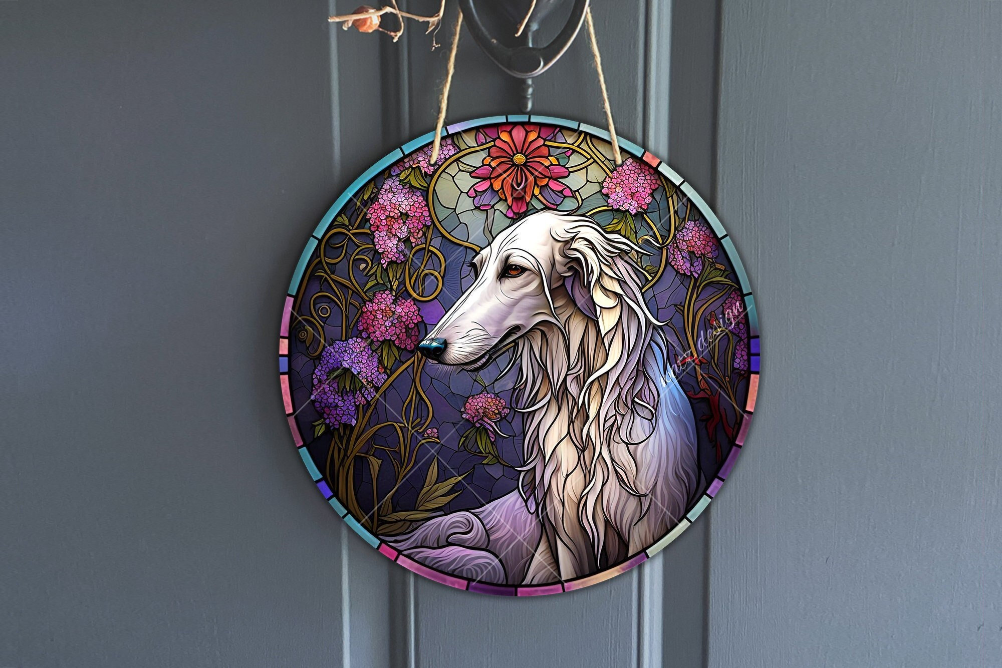 Faux vitrail Borzoi Sign, Signe de lévrier russe vintage rond pour couronnes, Sublimation d’art canin, Cadeau amoureux du chien, Téléchargement numérique