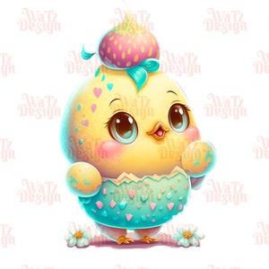Puede incluir: Un pollito amarillo con ojos azules y un sombrero de fresa rosa y blanco está naciendo de un huevo moteado azul y verde. El pollito sostiene un huevo moteado azul y verde en su mano derecha.