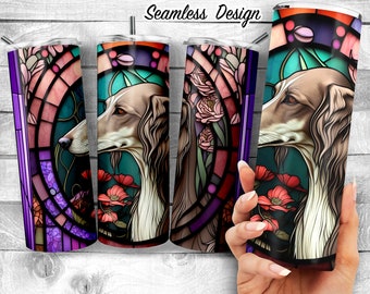 Saluki Ornate Stained Glass Art 20oz Skinny Tumbler Design,Arabian Greyhound Stained Glass, Bedouin Hound Sublimation Wrap, Digital Download