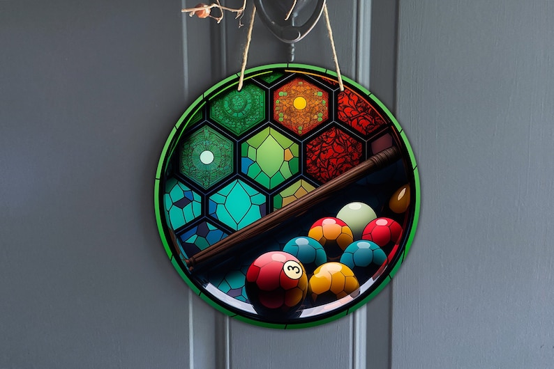 Vintage faux stained glass billiards Design, colorful pool balls with cue for wreath, classic snooker sublimation design, digital download image 1