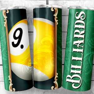 Vintage 9 ball 20 oz Skinny Tumbler Sublimation Design, Billiards Classic Template, 3D retro snooker seamless 20oz wrap Digital Download