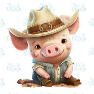 Lindo cerdo con sombrero de vaquero Png, cerdito bebé de temática occidental Sublimation Design, Country art cartoon big eye jog ilustración, descarga digital