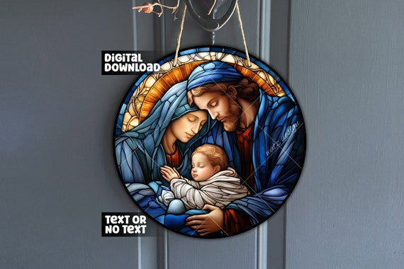 フェイクステンドグラスのキリスト降誕シーンのドアハンガーデザイン