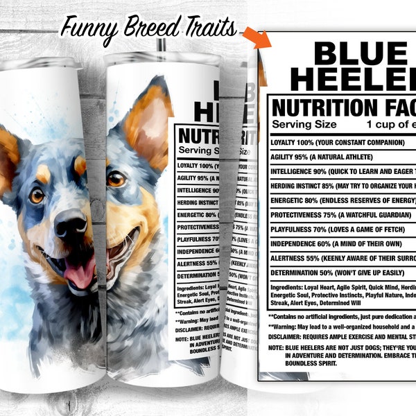 Blue Heeler 20oz Skinny Tumbler Design, Australian Cattle Dog Facts and Traits, Heeler Dog Ingredient Sublimation Wrap, Digital Download