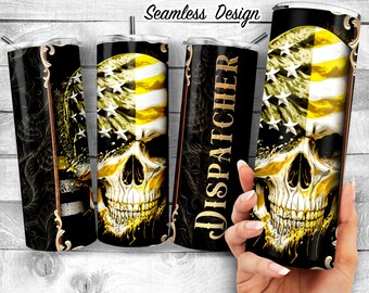 Dispatcher Flag Patriotic Skull 20oz Skinny Tumbler Design | Thin yellow line Tumbler Wrap | thin yellow line Sublimation, digital download