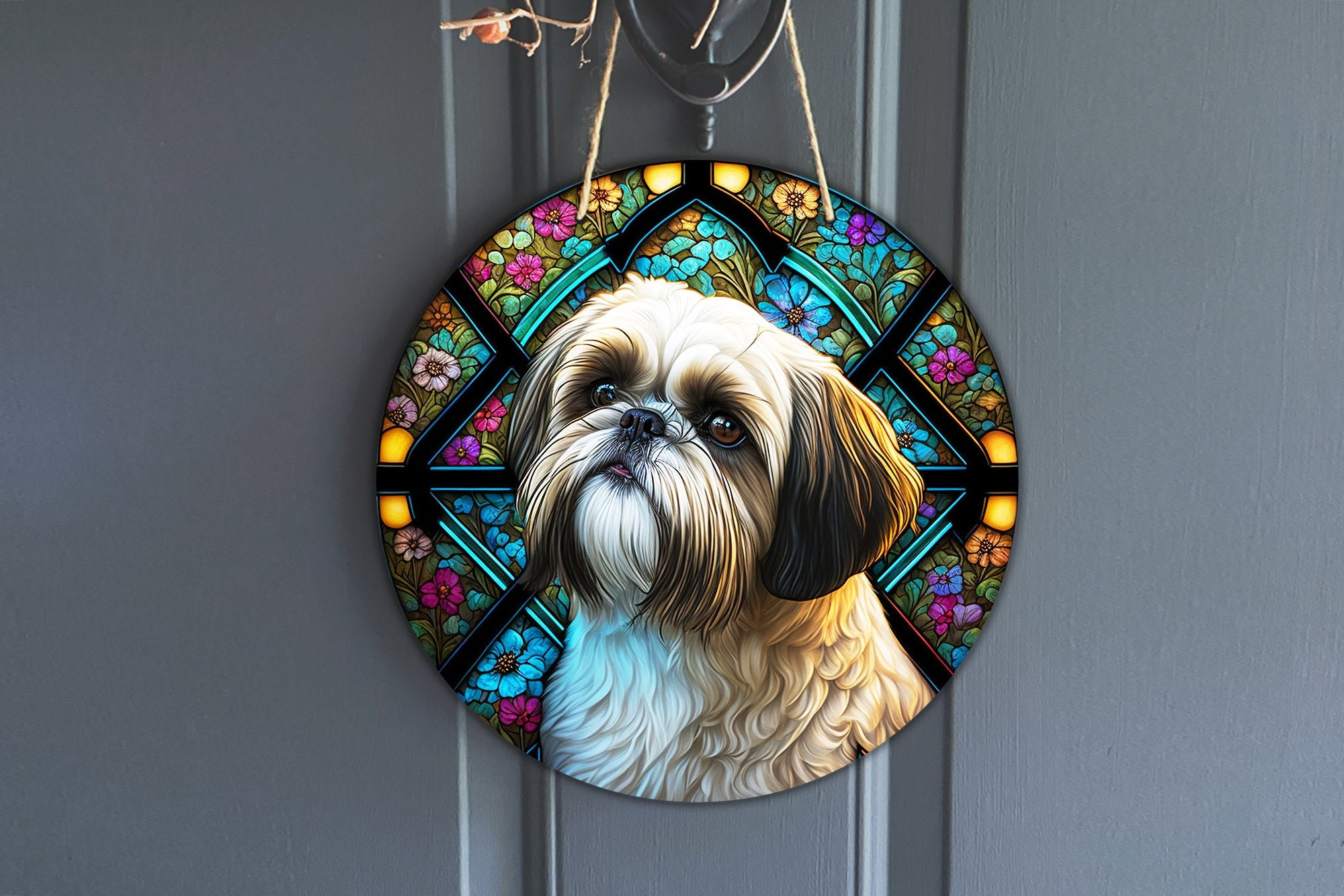 Faux Stained Glass Shihtzu Sign, Round Vintage Blue Heeler Sign