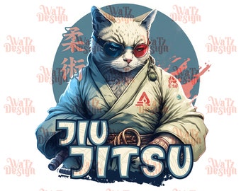 Jiu Jitsu Cat Png, Bjj Cat in shades Sublimation Design, Train Brazilian Jiu Jitsu Feline Png, red / blue cat glasses PNG, Digital Download